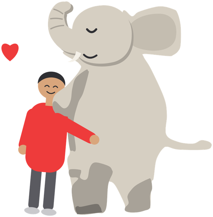 The elephant, eyes closed and smiling, hugging a person in a red sweater, with a red heart beside them