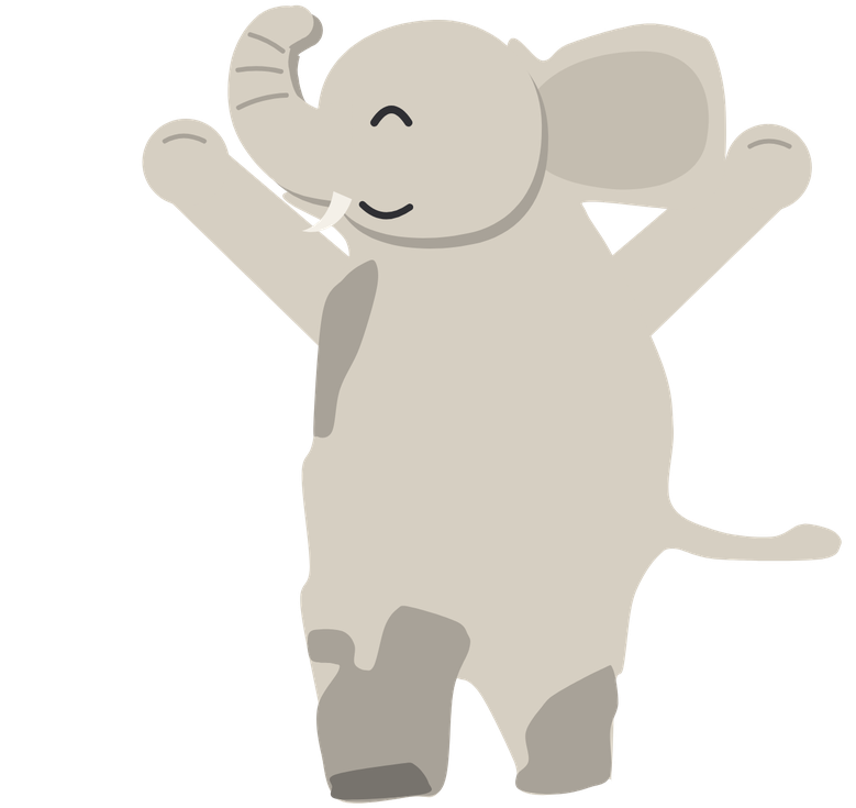 The elephant with both fists and its trunk in the air, its eye curved in a happy smile