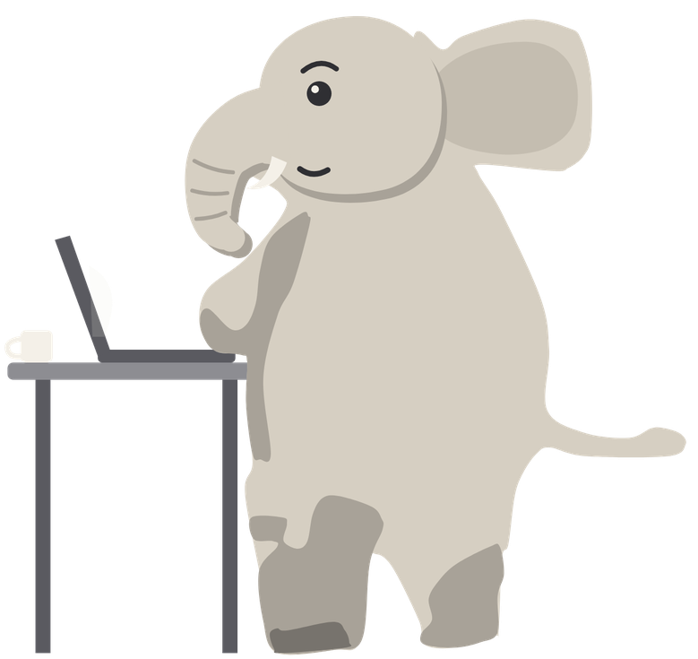 The elephant, one eyebrow raised, at a laptop on a small table, with a mug of coffee beside it