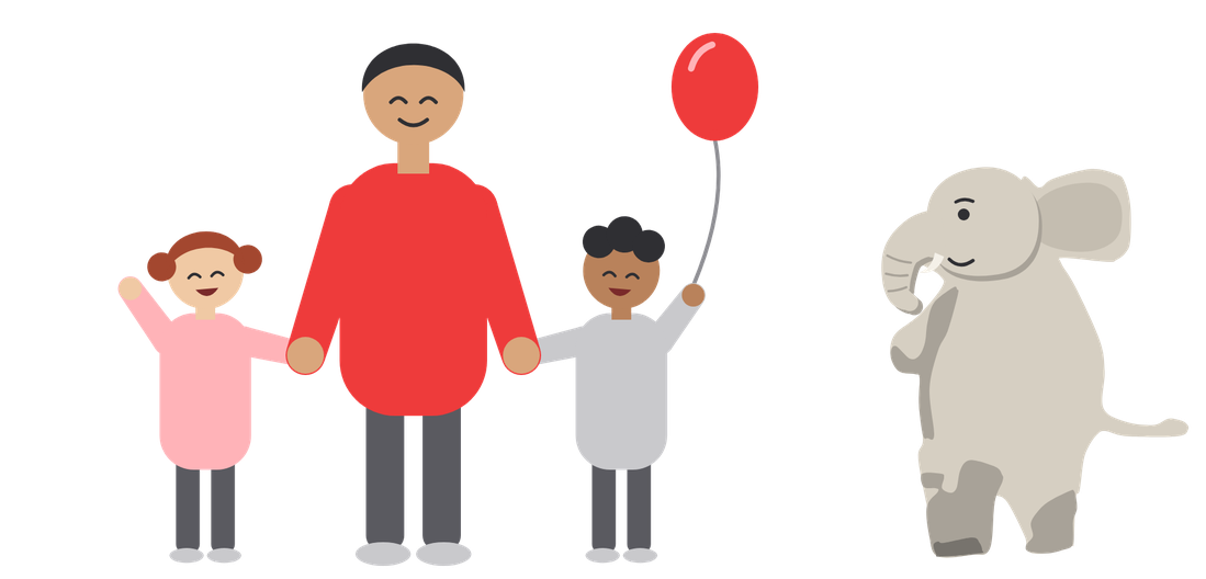 A parent holding hands with two laughing children, one with a red balloon, while the elephant stands a little way off, smiling