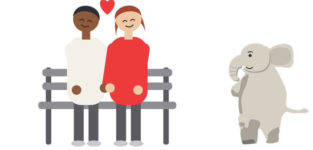 A couple sitting close together on a bench, holding hands, with a red heart above them, while the elephant stands a little way off, smiling