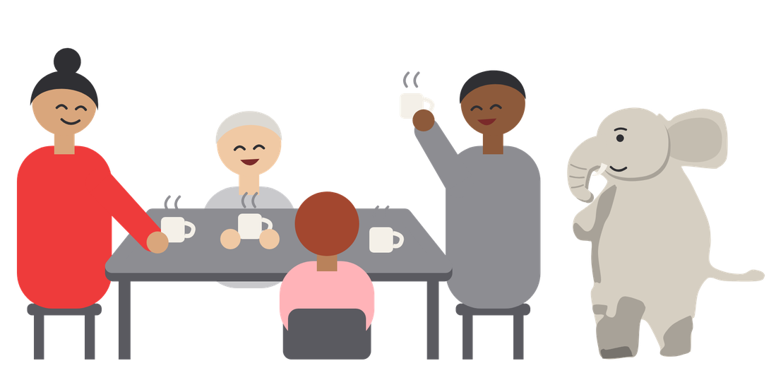 Four friends round a table with mugs of coffee: one at each end and two across from each other, one raising a mug, while the elephant stands a little way off, smiling
